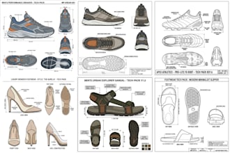 design shoe tech pack, sneakers, footwear, boots, and heels for manufacturing