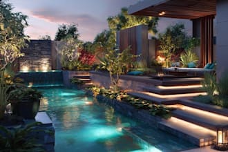 design landscape, terrace, backyard, pool, and patio