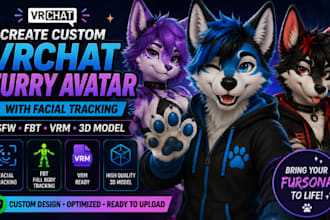 create custom vrchat furry avatar with facial tracking sfw fbt vrm 3d model