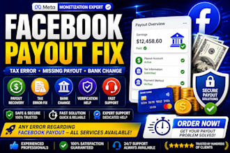 fix facebook payout issues, tax error, missing payout and bank change