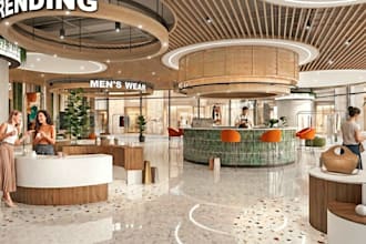 beautify 3d clothing retail,interior layout,sales space render, cgi lobby lounge
