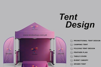 design modern canopy tent, feather flag, table cover, backdrop