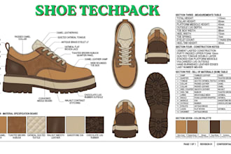 design custom shoe tech pack, sneakers, footwear, heels, boots for manufacturing
