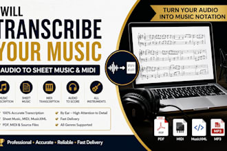 professionally transcribe audio and music to sheet music or midi