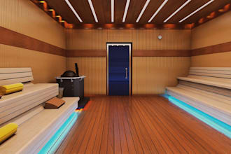 design cgi 3d sauna room, steam room, heat therapy room, wellness center