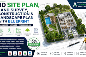 3d site plan, land survey, construction and landscape plan with blueprint