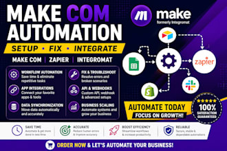 setup make com automation, fix zapier workflows and integromat integrations