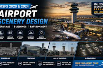 design 3d msfs airport scenery, terminal runway layout, building with lods