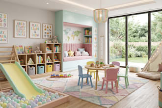 design realistic 3d kids room, nursery, playroom and kindergarten interior
