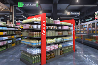 design 3d supermarket interior, grocery store, cafe, mall, retail shop rendering