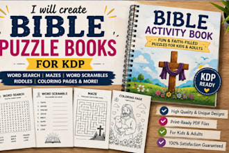 create bible word search puzzle, riddles, mazes and kids activity book for KDP