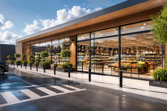 create supermarket mail retail store facade interior rendering