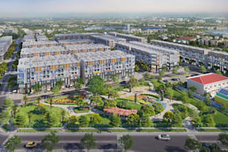 design 3d building map, large scale townhouse, site development, drone urban cgi