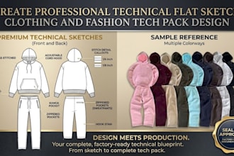 create professional  technical flat sketch clothing and fashion tech pack design