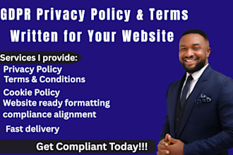 write gdpr privacy policy, terms and conditions,  cookie policy for your website