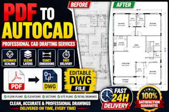 redraw floor plan from PDF to autocad dwg architectural drafting, cad and mep
