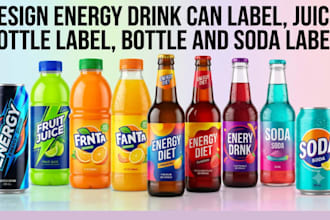 design energy drink can label, juice bottle label, bottle and soda label