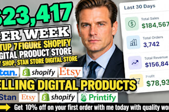 setup 7figure shopify digital product store, etsy shop, stan store digital store