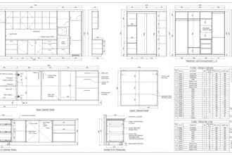 draw detailed shop drawing for kitchen woodworking cabinet and wardrobe cutlist