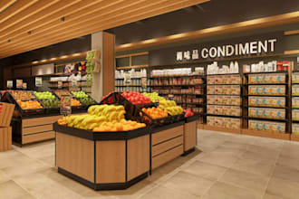 design realistic 3d supermarket, grocery store, retail shop with interior render