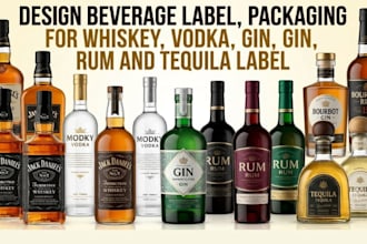 design beverage label, packaging for whiskey, vodka, gin, rum and tequila label