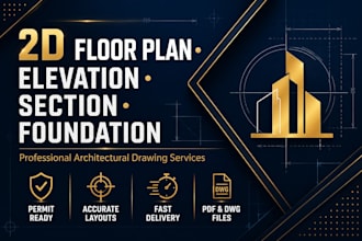 architectural 2d floor plans, elevation drawings, section and foundation drawing
