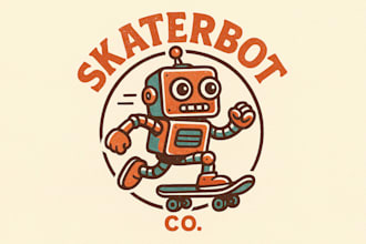 design retro robot skateboarding mascot logo with creative concepts