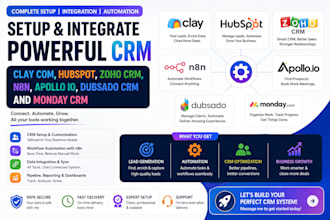 setup clay com, hubspot, zoho crm, dubsado crm and monday crm, apollo io, n8n