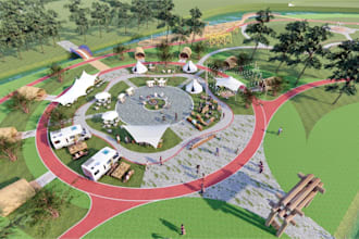 design rv park layout, campground, master plan, green area and 3d render