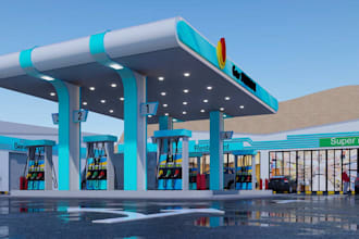design realistic 3d gas station,convenience store,canopy,ev charging,roadside,cf