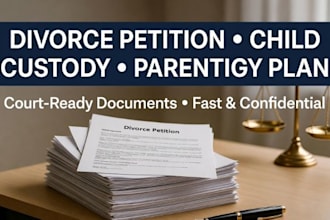 draft divorce petition, child custody agreement, and parenting plan