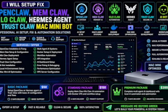 setup fix openclaw, mem claw, kilo code, hermes agent ai trust claw mac mini bot