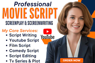 screenplay, cinematic movie script, short film, TV pilot script, screenwriting