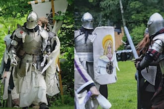 create 3d medieval knight cosplay full armor shield,  sword design, props armor