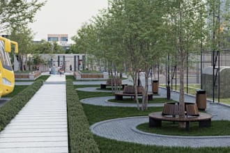visualize realistic playground environment, sport court landscape, public space