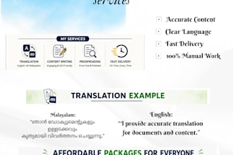 do content writing and malayalam to english translation