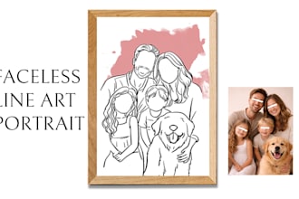 create a custom family and pet faceless line art portrait