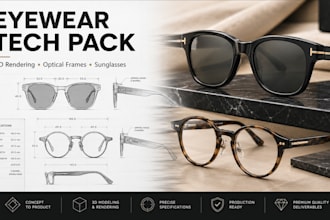 design eyewear tech pack design, factory tech pack and 3d rendering