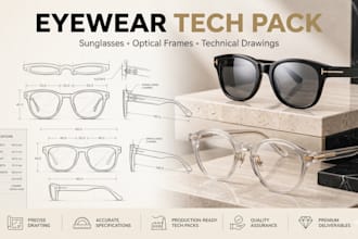 create sunglasses tech pack,  eyewear design and optical frame technical drawing