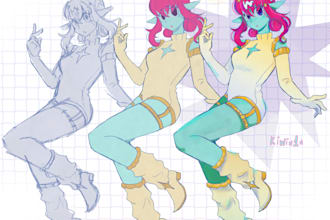 fullbody anime style illustrations, sketch, base color, and render