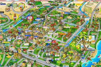 design a custom, vibrant city map illustration or neighborhood guide