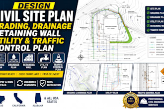 design civil site plan, grading drainage retaining wall utility plan USA