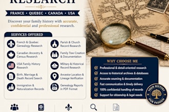 do genealogy research in france, quebec, canada and USA