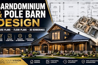 design custom barndominium and pole barn house plans with realistic 3d rendering