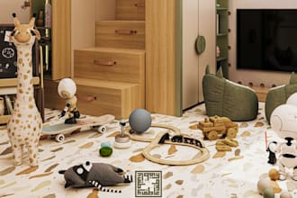 design 3d modern kids playroom, montessori room, nursery, daycare interior