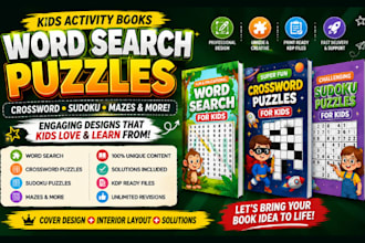 design kids activity books, crossword puzzles, word search books, and KDP covers