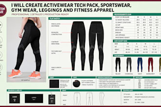 create activewear tech pack, sportswear, gym wear, leggings and fitness apparel