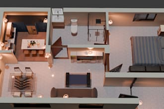 do interior design for bedroom, office, kitchen, living room render