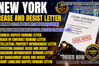 draft new york cease desist letter for defamation, harassment, copyright dispute