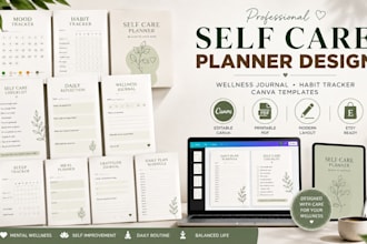design self care planner wellness journal tracker canva template